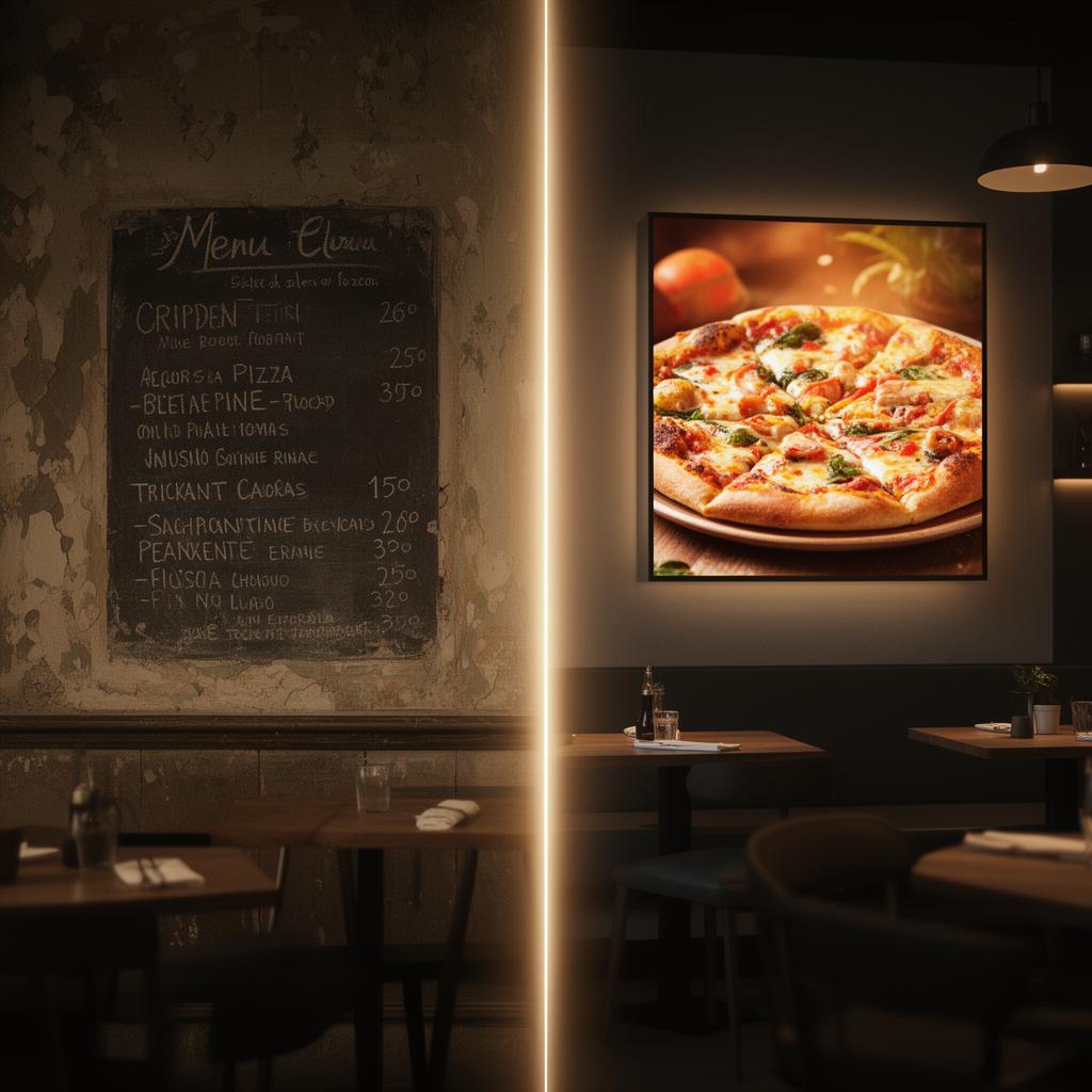 Galleri — före och efter digitala skärmar i restaurang